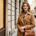 Femme élégante portant un foulard en soie et un sac en cuir structuré devant une boutique parisienne, illustrant les accessoires indispensables pour sublimer un style raffiné