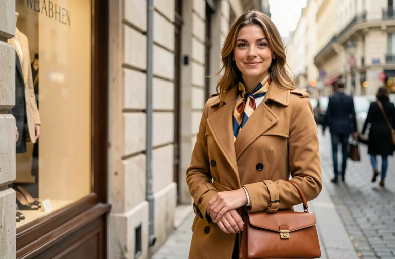Femme élégante portant un foulard en soie et un sac en cuir structuré devant une boutique parisienne, illustrant les accessoires indispensables pour sublimer un style raffiné