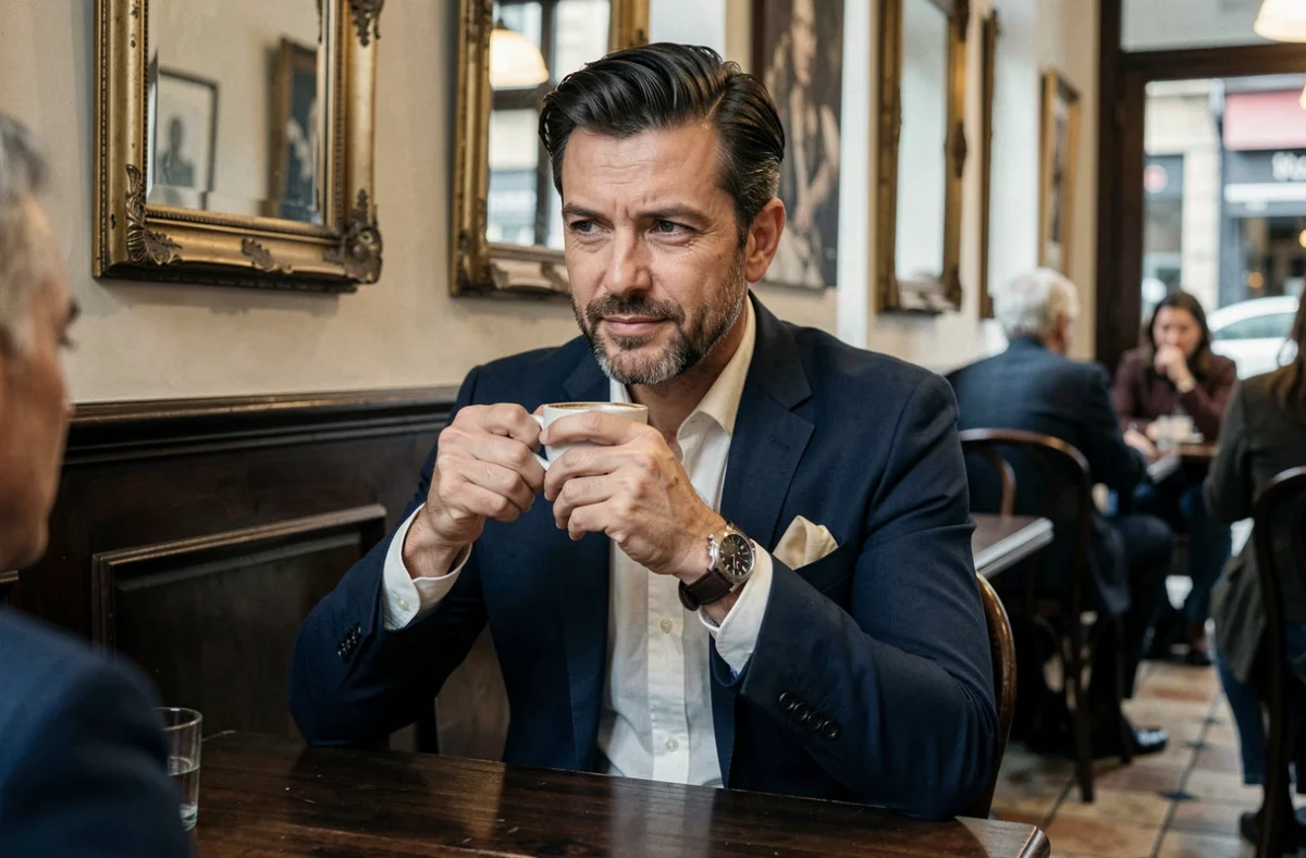 Homme en costume marine avec montre classique et pochette en lin ivoire attablé dans un café européen, représentant les accessoires essentiels pour un style masculin élégant