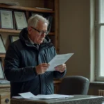 Administrateur de cimetière consultant les tarifs d'ouverture de tombe dans un bureau municipal