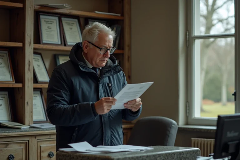 Administrateur de cimetière consultant les tarifs d'ouverture de tombe dans un bureau municipal