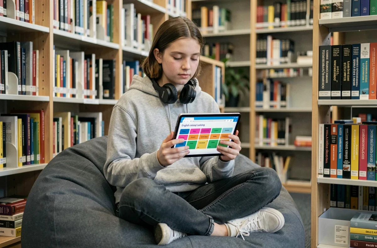 Adolescente apprenant l'anglais de manière autonome avec une application sur tablette dans une bibliothèque scolaire