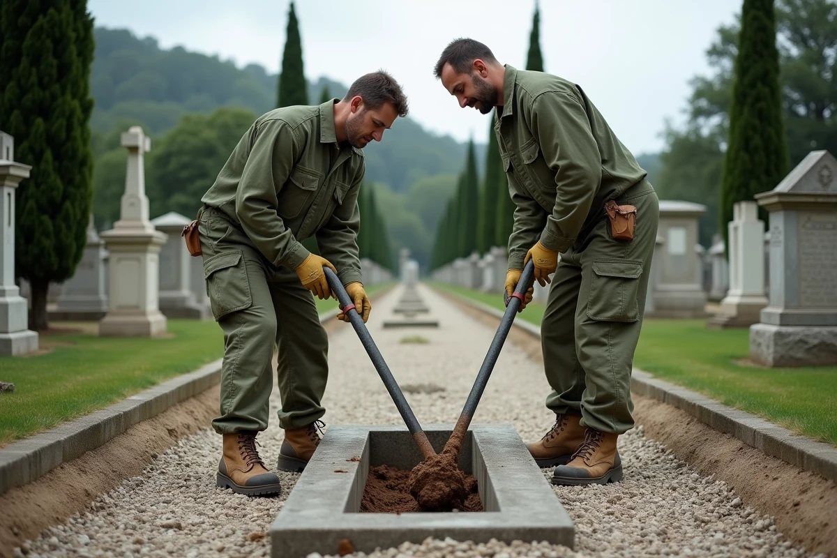 Agents de cimetière effectuant l'ouverture d'une tombe en granit dans un cimetière municipal français