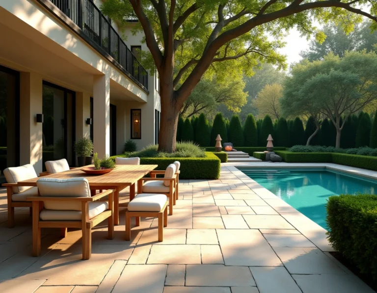 Terrasse extérieure haut de gamme avec pavés en pierre naturelle, mobilier en teck et piscine à débordement dans un jardin résidentiel luxueux