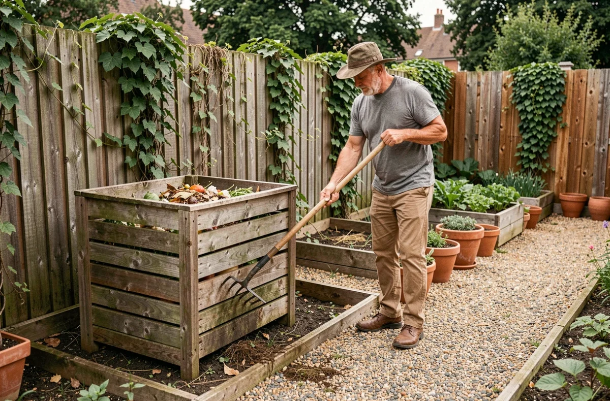 Homme retournant le compost dans un jardin potager aménagé avec des bacs en bois et des allées en gravier