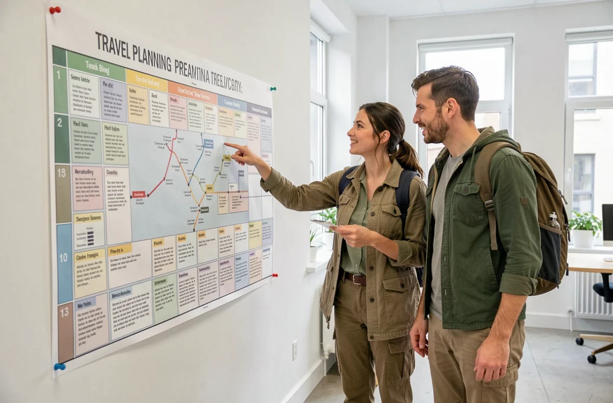 Deux voyageurs explorant ensemble une carte des rubriques de voyage affichée sur un mur dans un espace de coworking