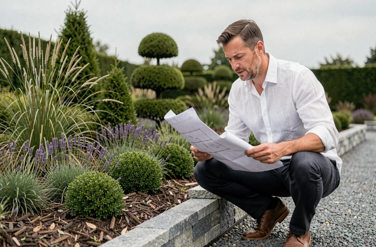 Architecte paysagiste examinant des plans d'aménagement extérieur devant une allée en gravier et des massifs végétaux soignés dans un jardin haut de gamme