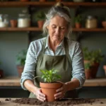 Femme qui plante une bouture dans un pot en terre cuite sur un établi de jardinage en bois