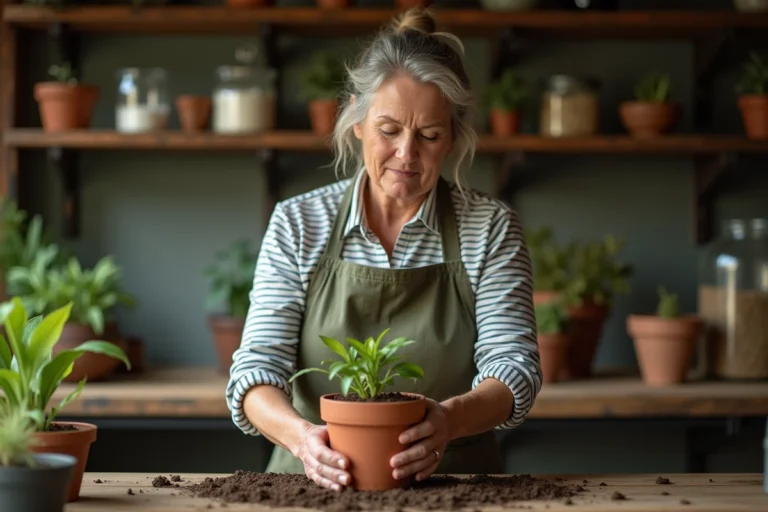 Femme qui plante une bouture dans un pot en terre cuite sur un établi de jardinage en bois