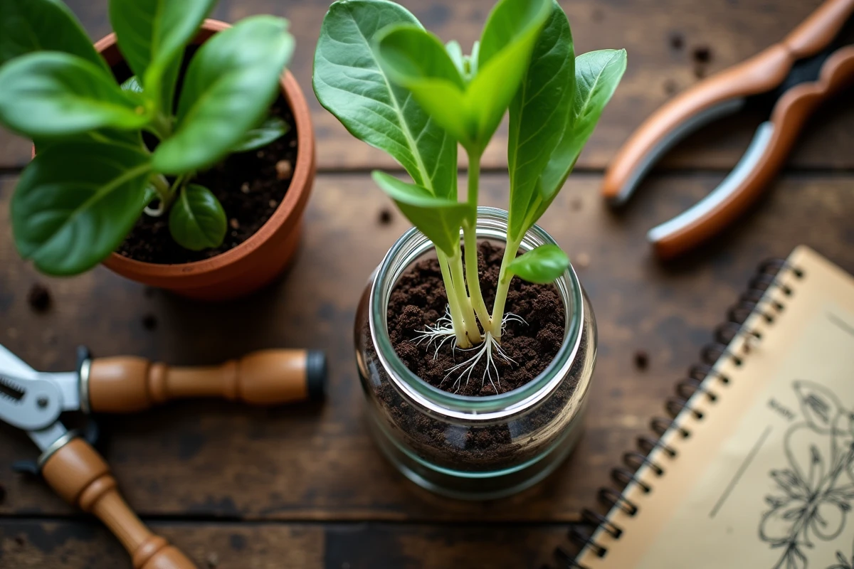 Vue aérienne de boutures en cours d'enracinement dans un verre d'eau avec outils de jardinage sur bois