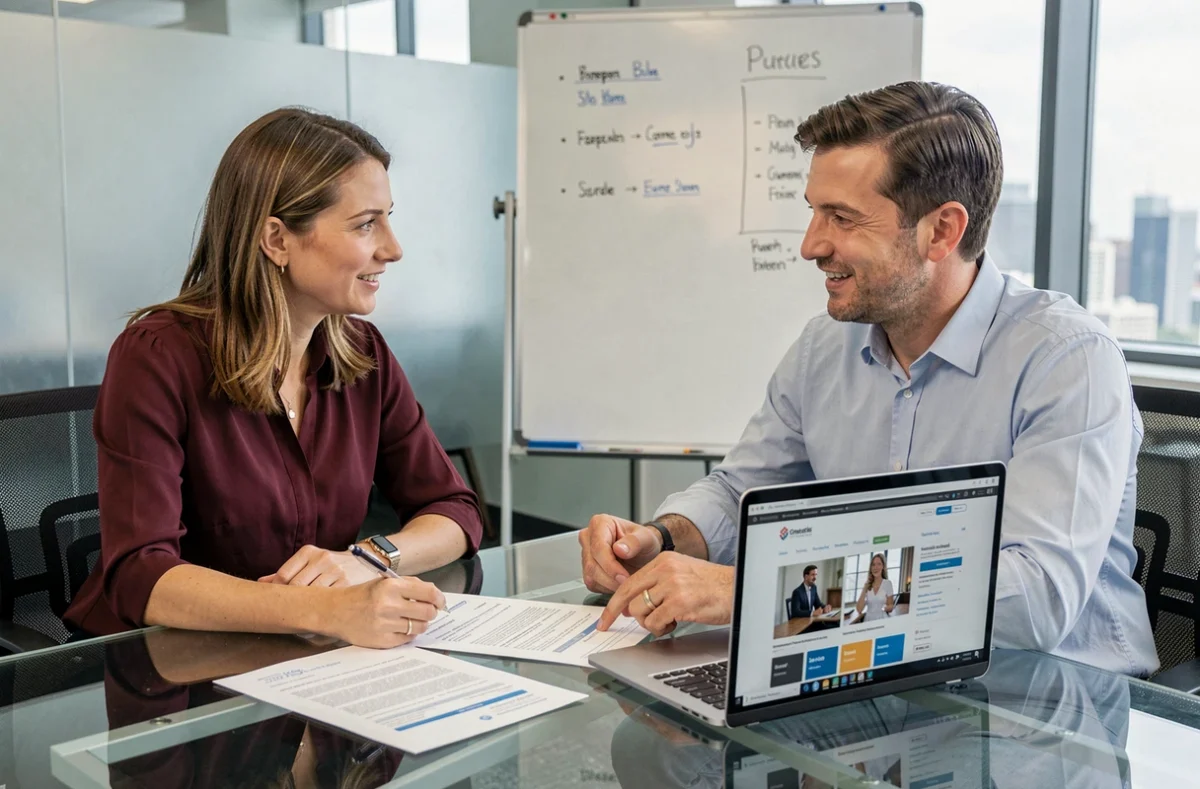 Deux professionnels collaborant sur des plateformes de recherche d'emploi dans une salle de réunion moderne