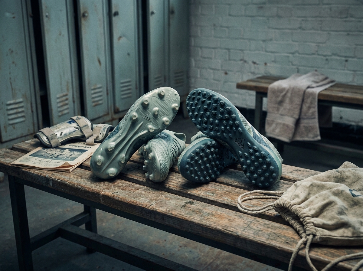 Comparaison de deux modèles de crampons Adidas en terrain ferme et terrain synthétique posés sur un banc de vestiaire