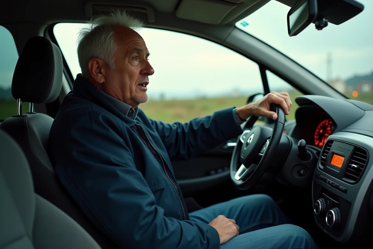 Conducteur inquiet regardant le voyant de réserve de carburant allumé dans l'habitacle d'une Renault Clio 2