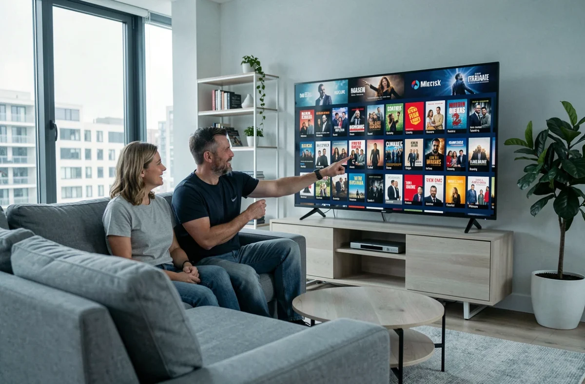 Couple discutant du choix d'un programme télévisé dans un salon moderne avec grand écran