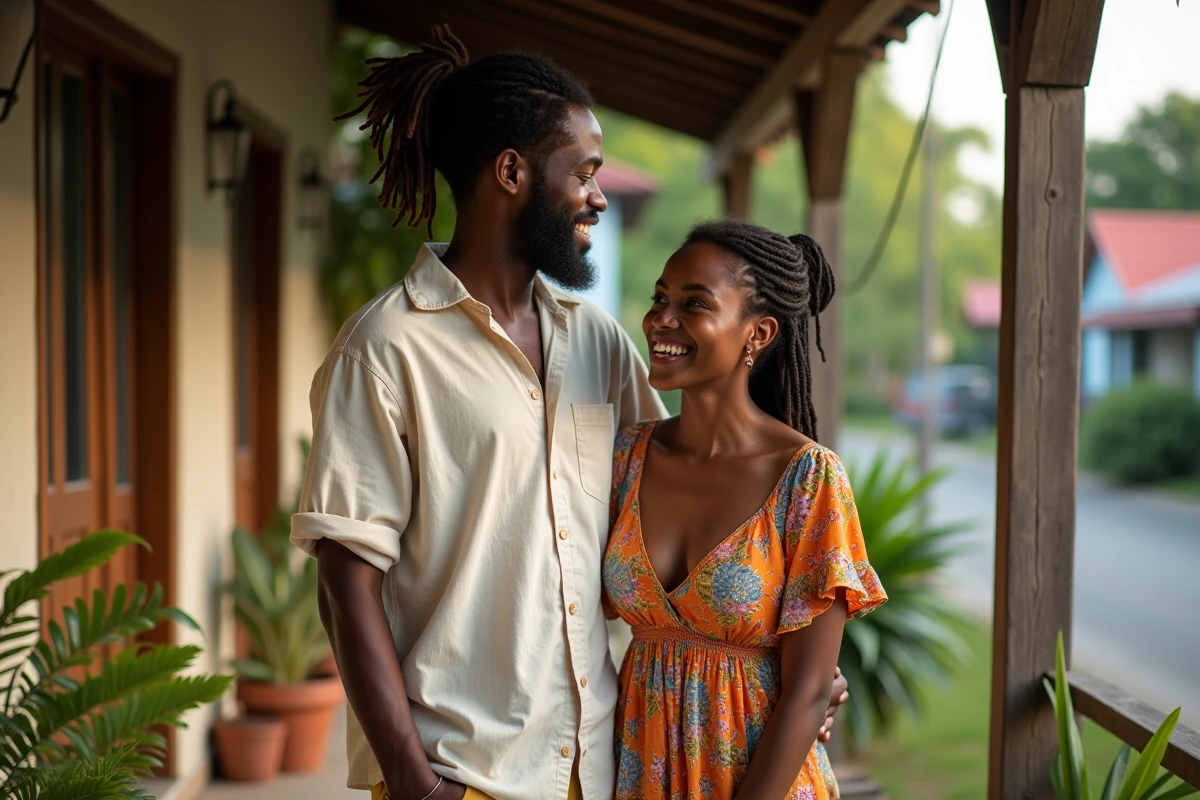 Couple jamaïcain complice sur une véranda en bois rustique, illustrant la vie amoureuse et culturelle d'un musicien reggae emblématique