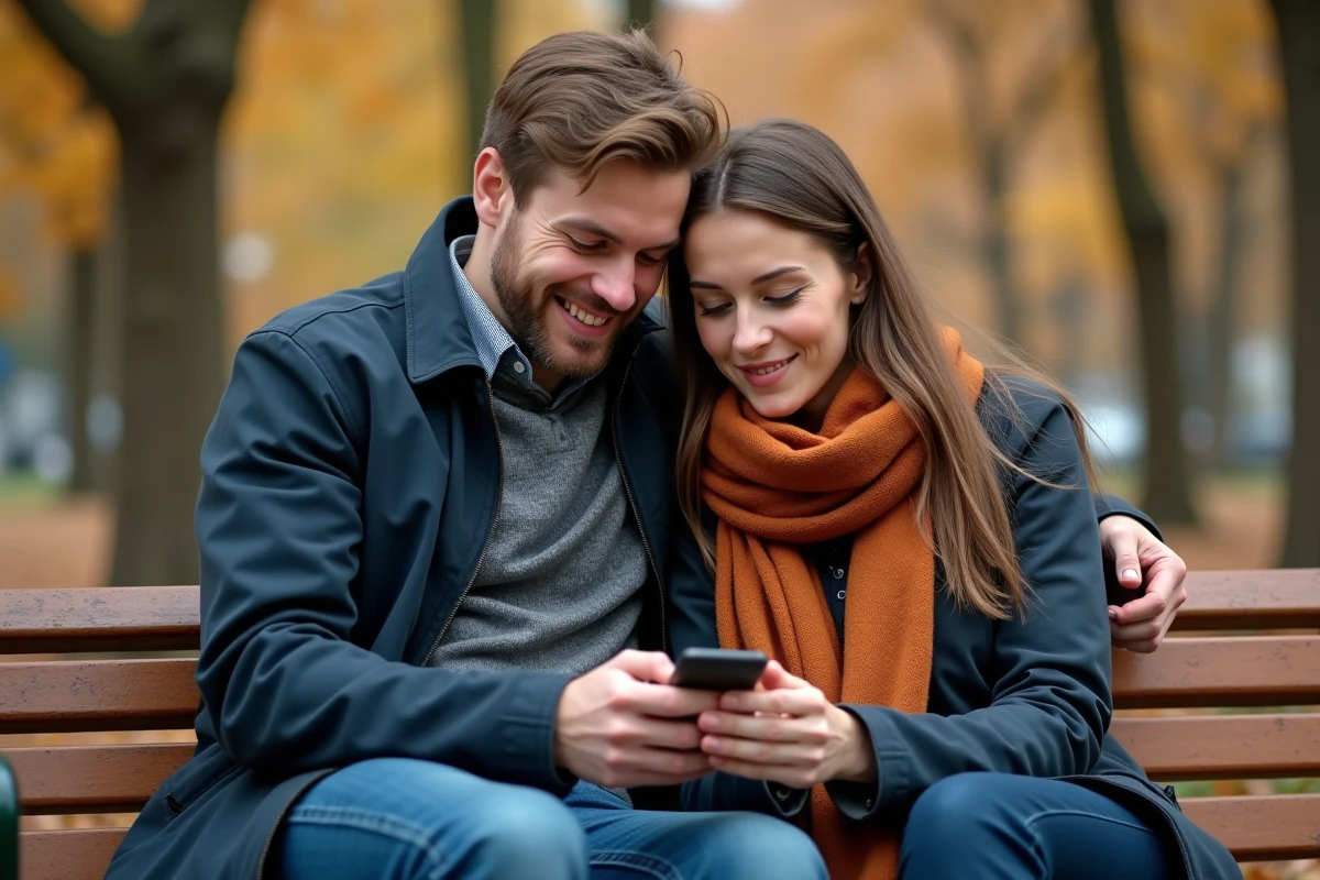 Couple partageant un moment intime sur un banc de parc en automne, regardant ensemble un message sur un téléphone