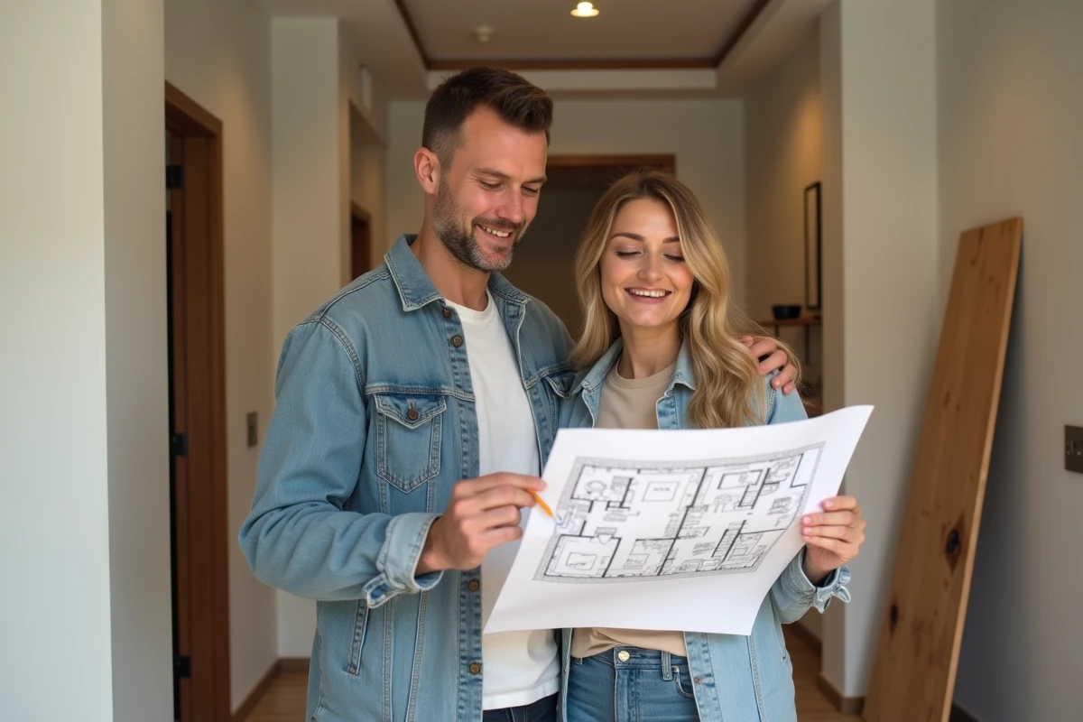 Couple examinant les plans de rénovation dans un couloir fraîchement rénové avec parquet neuf