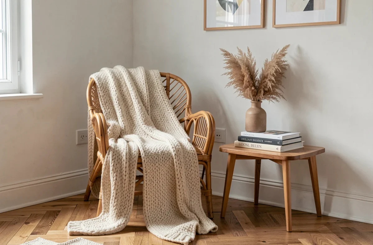 Coin déco tendance avec fauteuil en rotin, plaid en tricot et vase en céramique dans un appartement moderne au parquet en chevron
