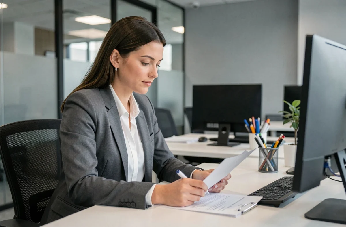Femme en milieu professionnel remplissant un formulaire de demande de prime de naissance Mercer dans un bureau moderne