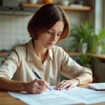 Femme consultant des documents administratifs pour une déclaration d'hébergement à titre gratuit dans une cuisine