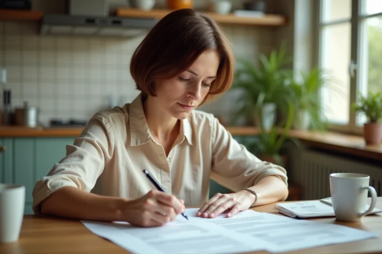 Femme consultant des documents administratifs pour une déclaration d'hébergement à titre gratuit dans une cuisine