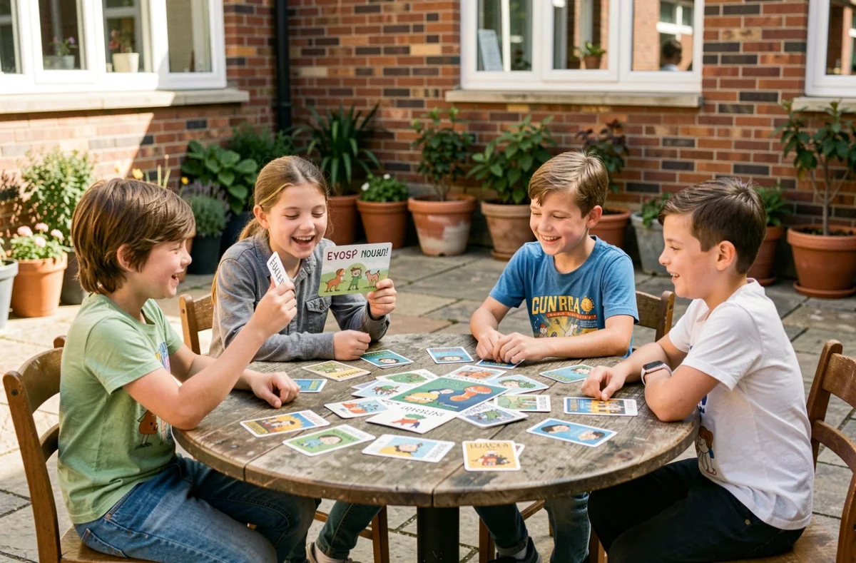 Groupe d'enfants jouant à un jeu de cartes en anglais ensemble dans une cour d'école