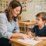 Enseignante aidant un jeune élève à apprendre l'anglais lors d'un exercice écrit en classe
