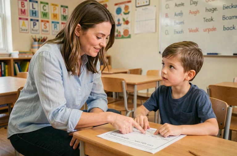 Enseignante aidant un jeune élève à apprendre l'anglais lors d'un exercice écrit en classe