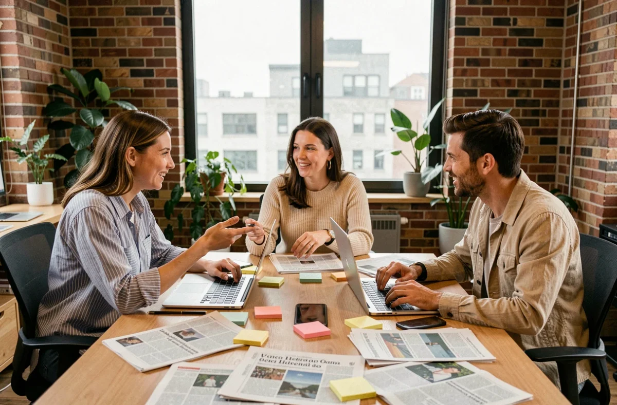 Équipe de journalistes analysant des actualités françaises et internationales autour d'une table de travail collaborative