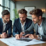 Groupe de professionnels examinant des plans dans un bureau moderne