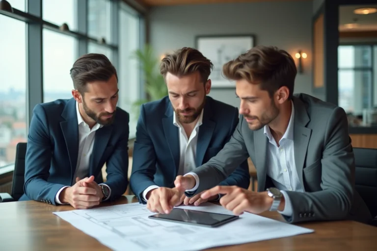 Groupe de professionnels examinant des plans dans un bureau moderne