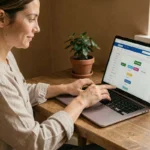 Femme explorant la carte du site Pop Voyages sur un ordinateur portable dans un bureau à domicile chaleureux