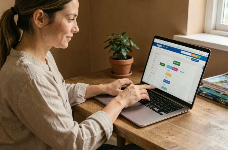 Femme explorant la carte du site Pop Voyages sur un ordinateur portable dans un bureau à domicile chaleureux