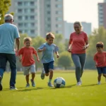Famille multigenerational jouant au soccer dans un parc à Laval