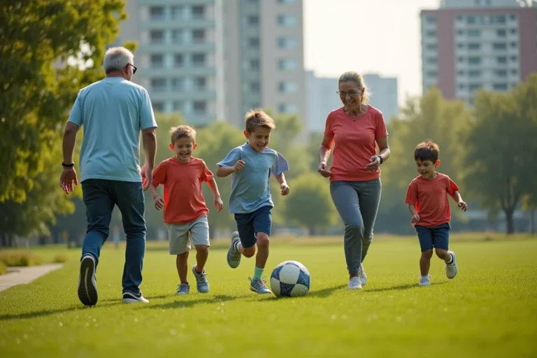 Famille multigenerational jouant au soccer dans un parc à Laval