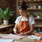 Femme créative découpant du tissu coloré dans un atelier DIY chaleureux avec des outils de loisirs créatifs