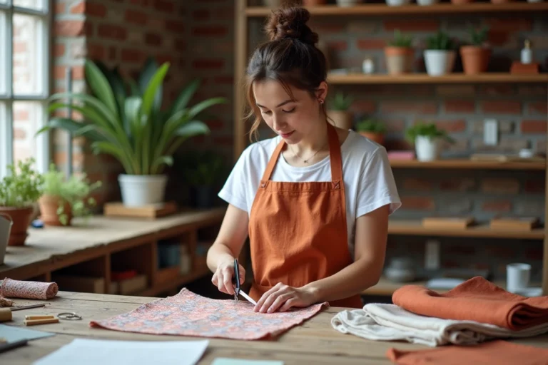 Femme créative découpant du tissu coloré dans un atelier DIY chaleureux avec des outils de loisirs créatifs