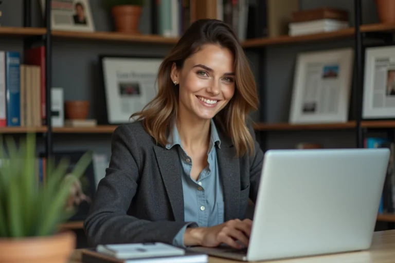 Femme confiante travaillant sur son ordinateur dans un bureau moderne