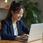 Jeune femme professionnelle utilisant un ordinateur dans un espace moderne