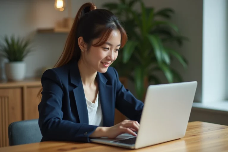 Jeune femme professionnelle utilisant un ordinateur dans un espace moderne