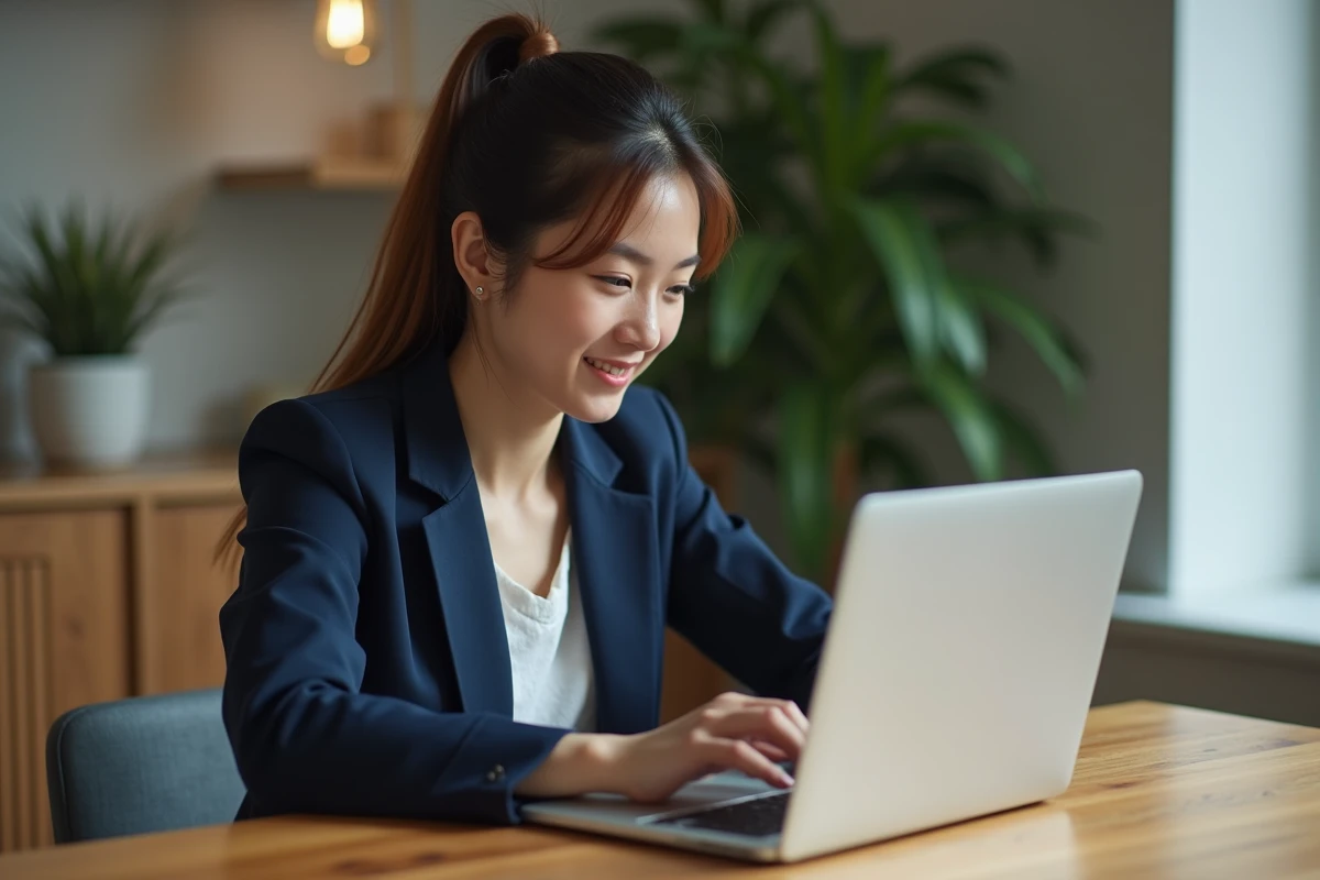 Jeune femme professionnelle utilisant un ordinateur dans un espace moderne