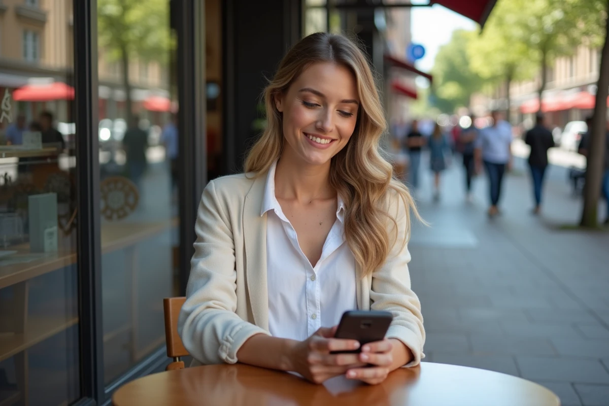 Femme souriante utilisant son smartphone dans un café en ville