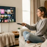 Femme choisissant un programme TV sur son canapé avec une télécommande et un écran de sélection