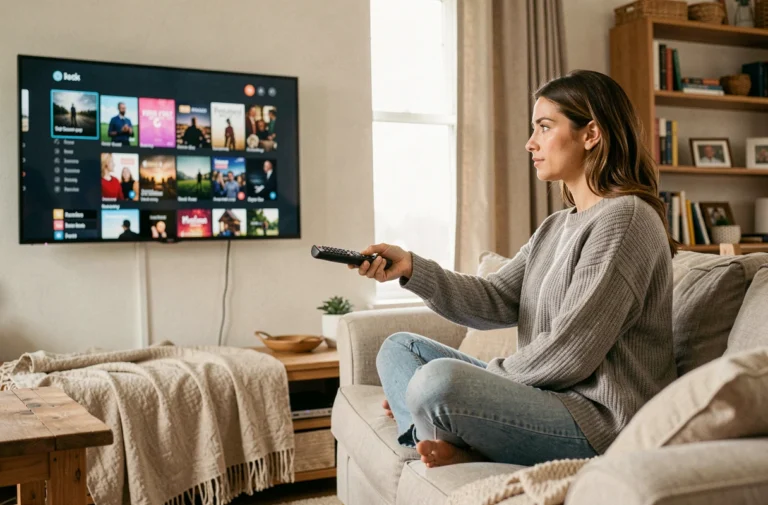 Femme choisissant un programme TV sur son canapé avec une télécommande et un écran de sélection