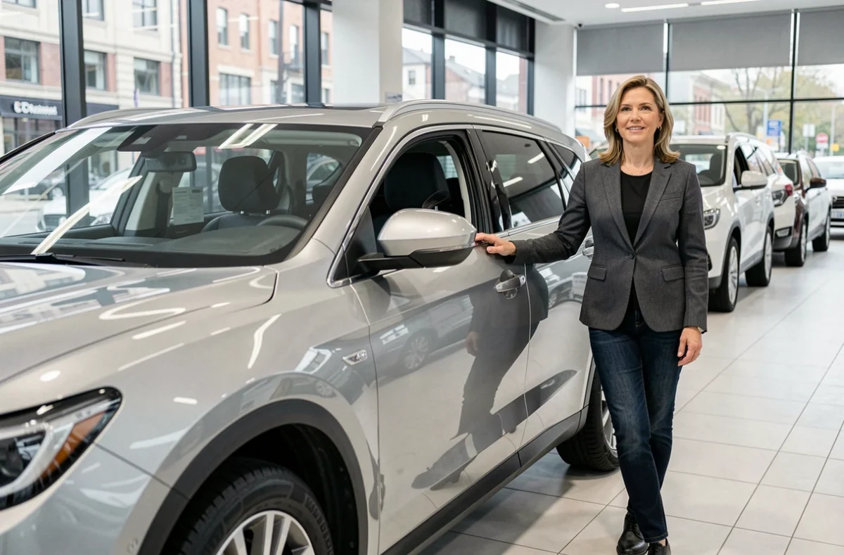Femme découvrant un SUV dans une salle d'exposition de concessionnaire automobile moderne