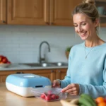 Femme scellant des fraises fraîches dans un sac sous vide