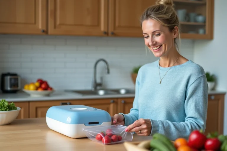 Femme scellant des fraises fraîches dans un sac sous vide