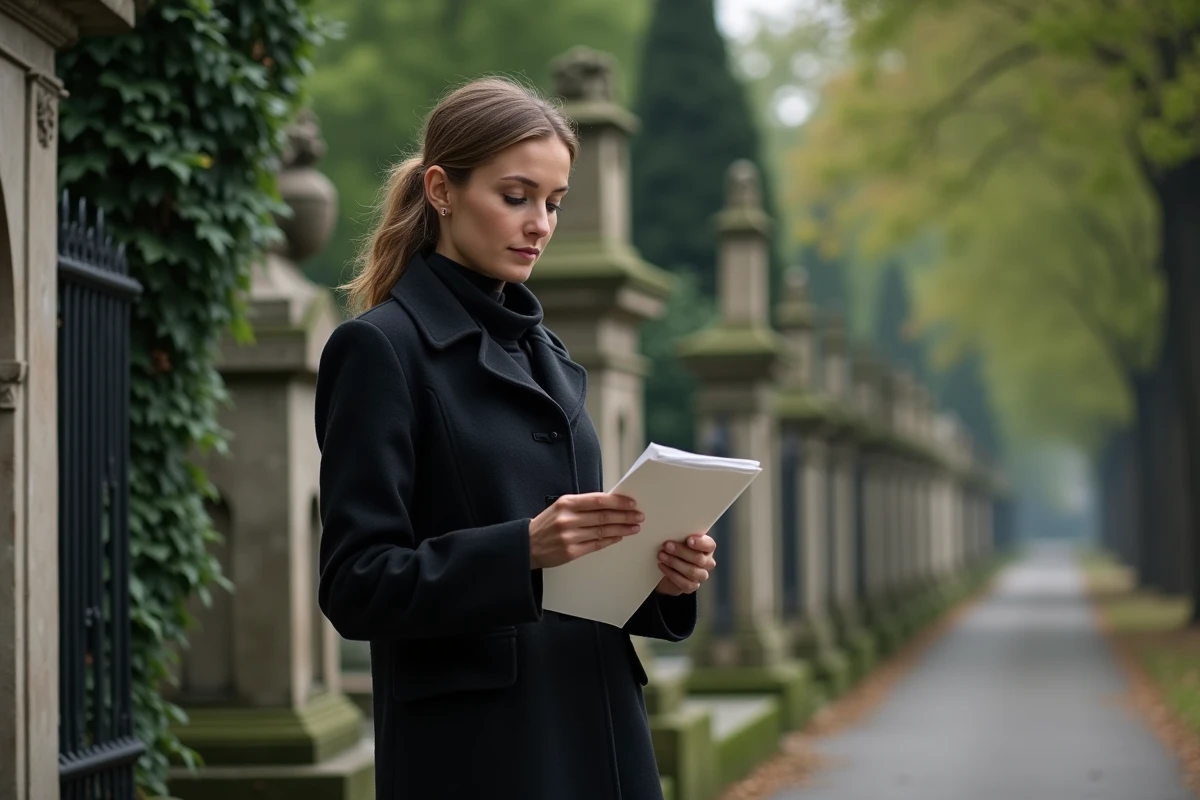 Femme consultant les documents de frais funéraires devant une tombe en marbre dans un cimetière