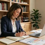 Femme professionnelle en formation continue prenant des notes à son bureau à domicile lors d'une session d'apprentissage en ligne