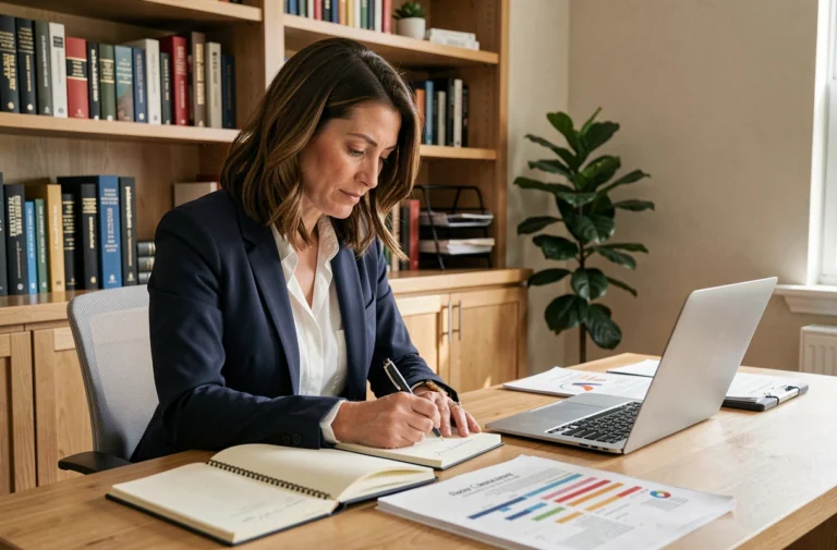 Femme professionnelle en formation continue prenant des notes à son bureau à domicile lors d'une session d'apprentissage en ligne